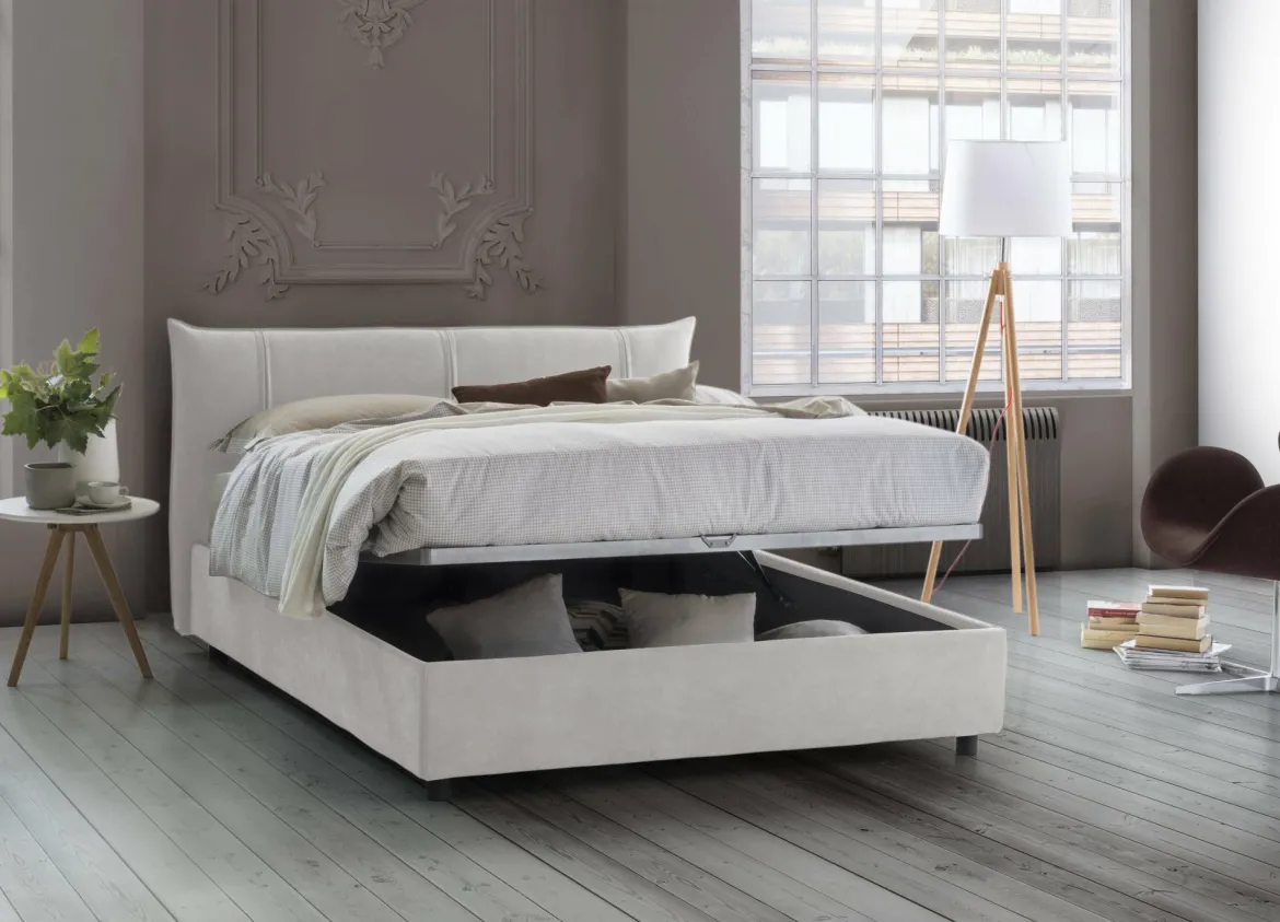 Letto matrimoniale contenitore bianco 175x215cm con testiera arrotondata - Ayur