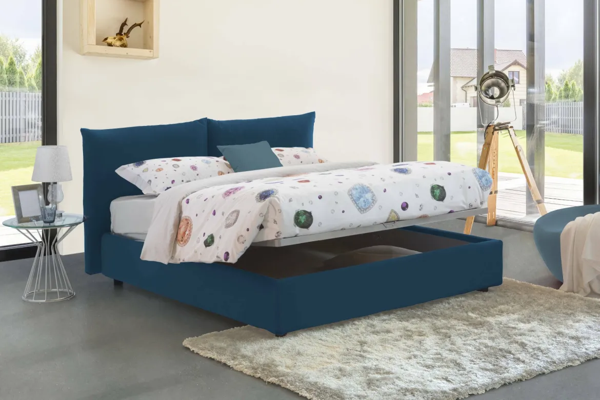 Letto matrimoniale contenitore blu 190x225cm imbottito - Arcole