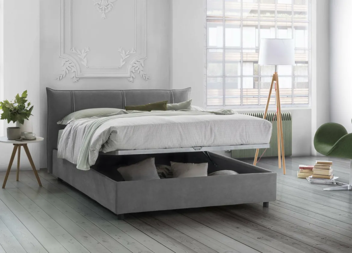 Letto matrimoniale contenitore grigio 175x215cm rivestito in tessuto - Ambassador