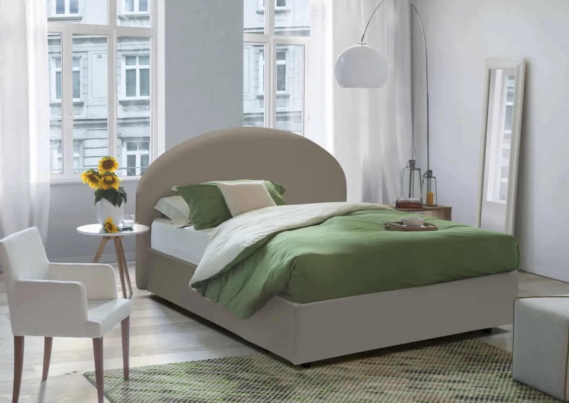Letto matrimoniale contenitore tortora 175x215cm con testiera imbottita - Geras
