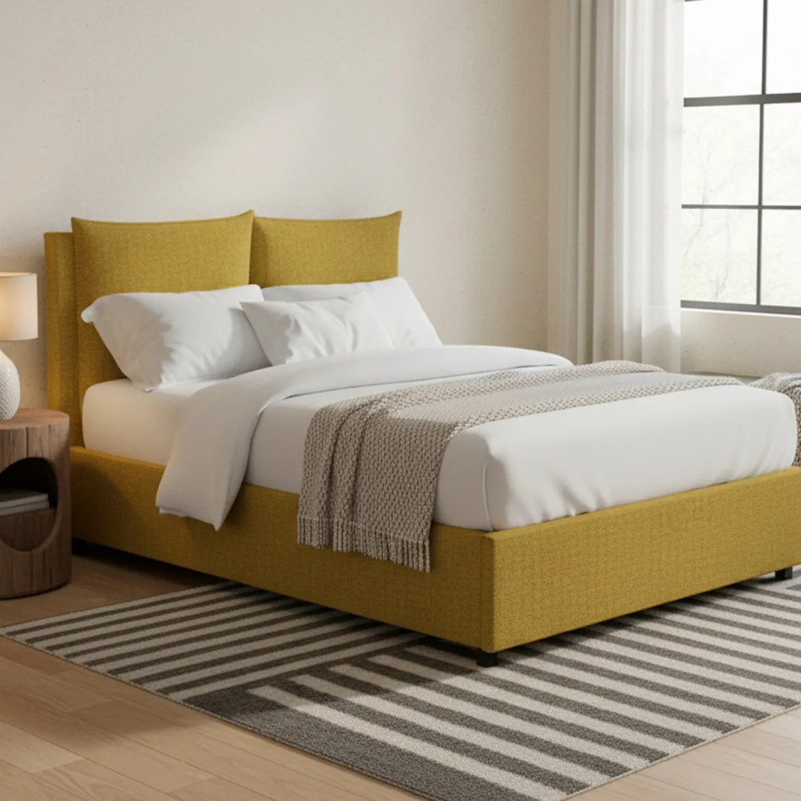 Letto Matrimoniale Giallo Ocra Sfoderabile Contenitore, Dimensione Materasso 160x200 cm - Davoli