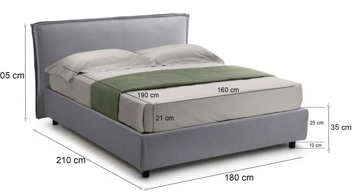 Letto Matrimoniale Grigio Materasso Incluso Sfoderabile, Contenitore Made in Italy - Bruzolo