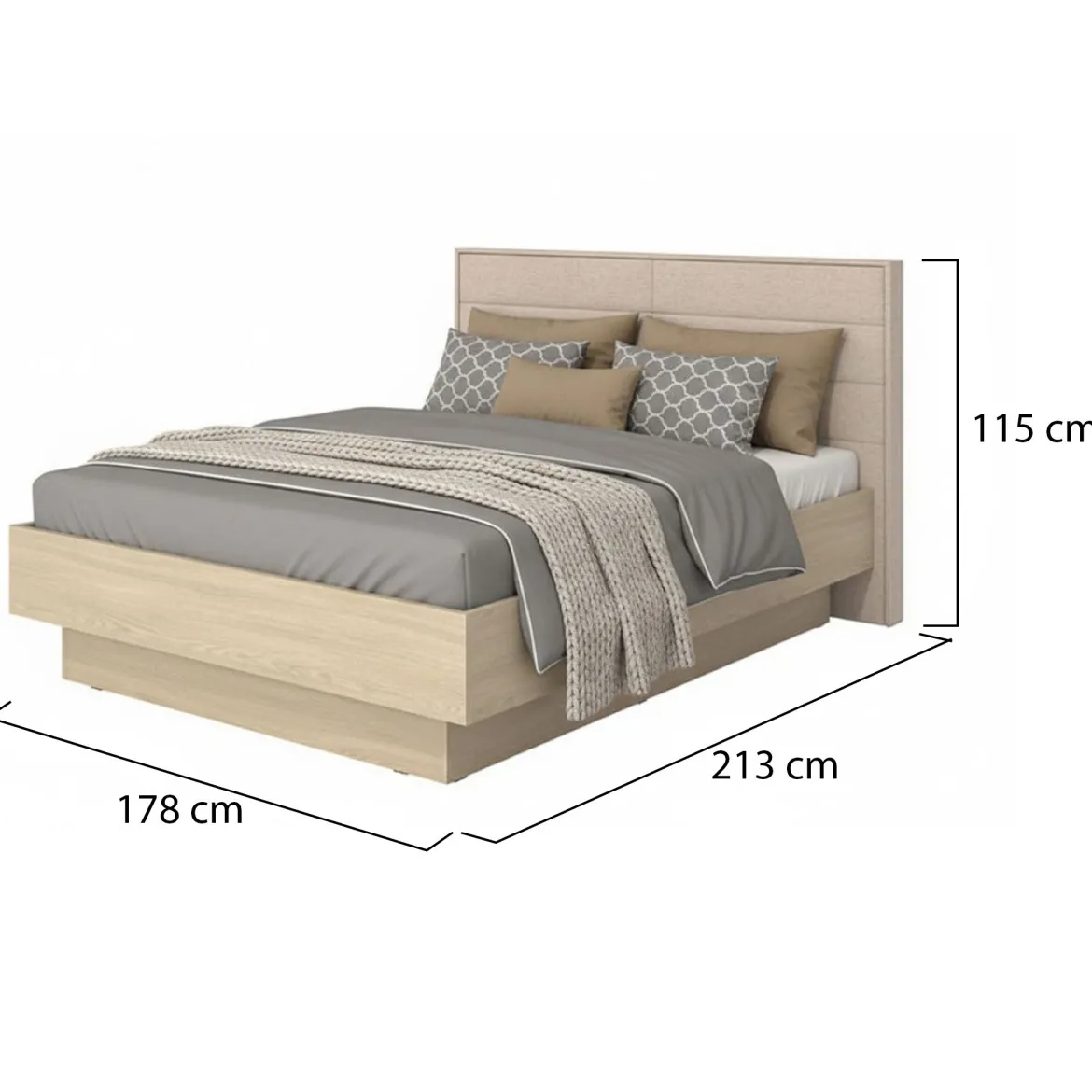 Letto Matrimoniale Marrone Rovere Bianco Crema Testiera Imbottita Imbottito, Dimensione Materasso 180x200 cm - Circeo