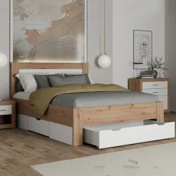 Letto Matrimoniale Marrone Rovere Nodi Bianco Dimensione Materasso 160x200 cm Testata Dettaglio Rigato, Peso Supportato 200 kg - Munnar