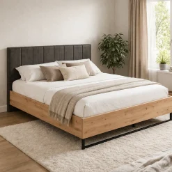 Letto Matrimoniale Marrone Rovere Nodi Nero Antracite Testiera Imbottita Imbottito, Dimensione Materasso 160x200 cm - Chiusa