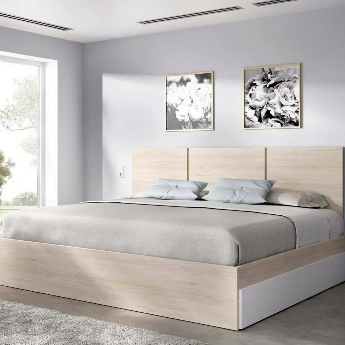 Letto matrimoniale moderno bianco e rovere 205x266cm - Alina