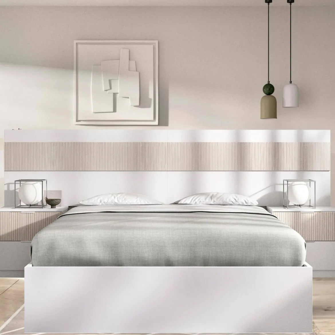 Letto matrimoniale moderno bianco e rovere 205x266cm struttura in legno - Aral