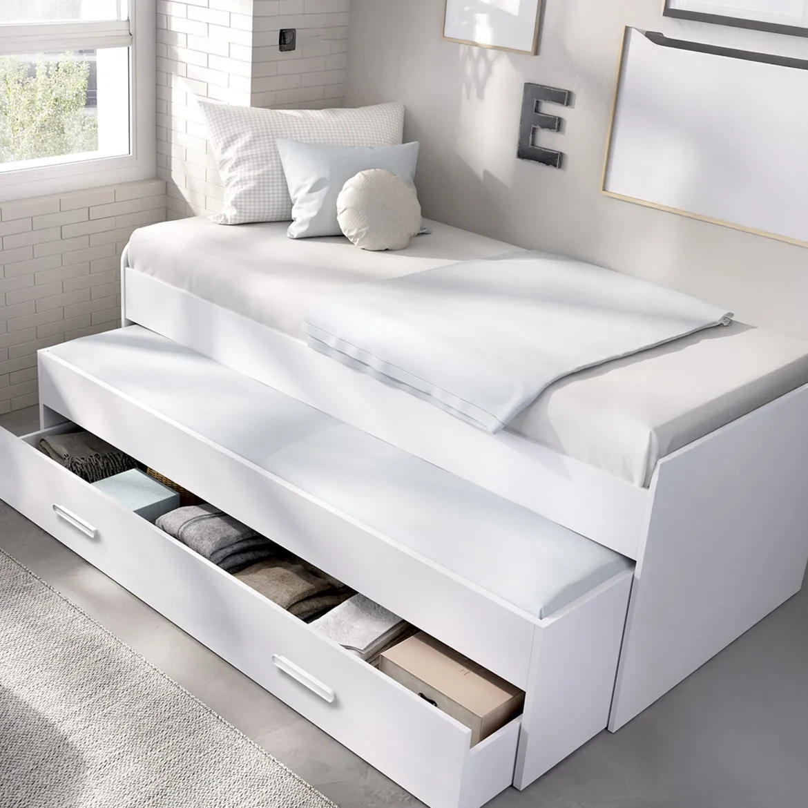 Letto per Bambini Bianco Contenitore Letto Superiore Adatto a Rete 90x200 cm Senza Piedini, Letto Inferiore Rete non Necessaria, - Glorenza