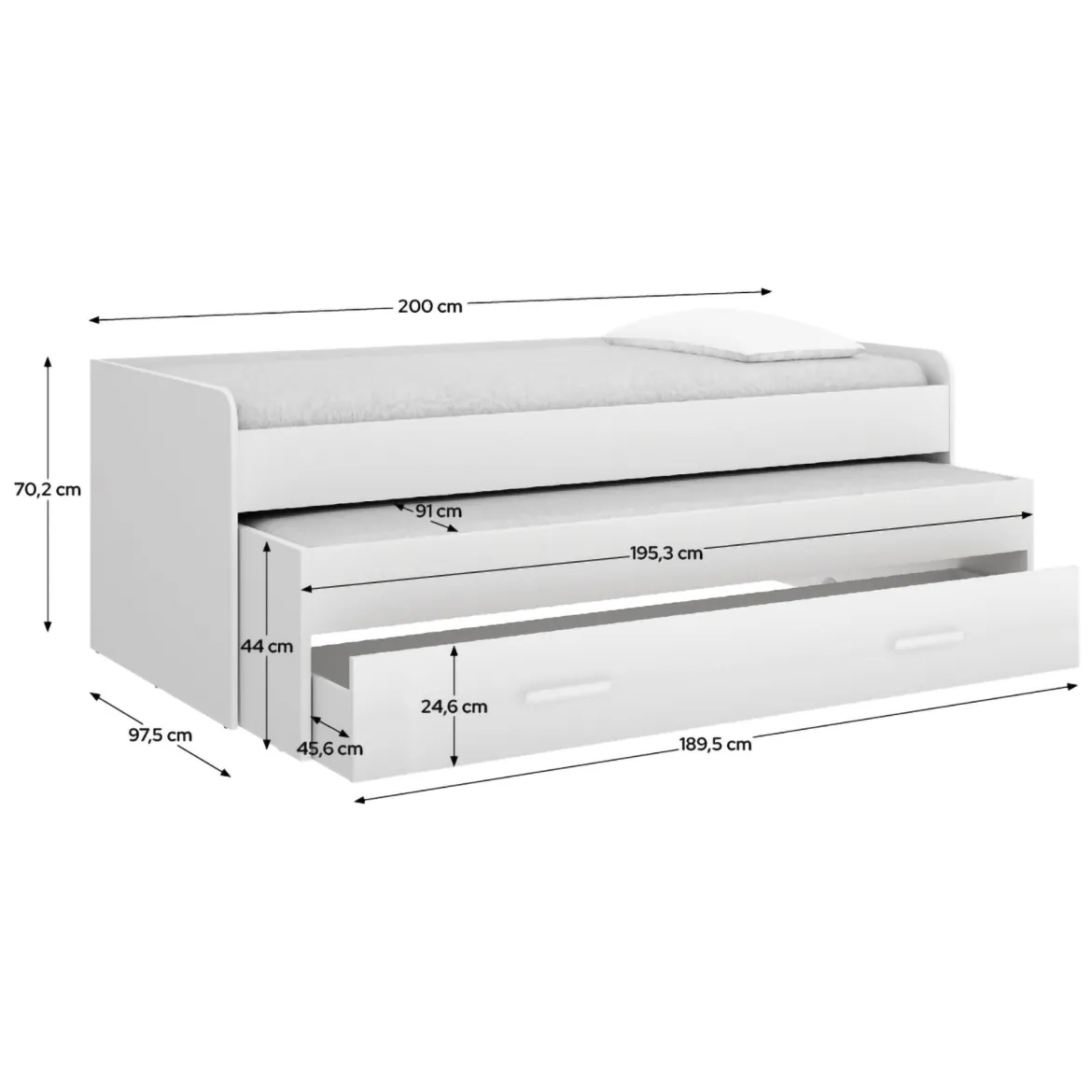 Letto per Bambini Bianco Contenitore Letto Superiore Adatto a Rete 90x200 cm Senza Piedini, Letto Inferiore Rete non Necessaria, - Glorenza