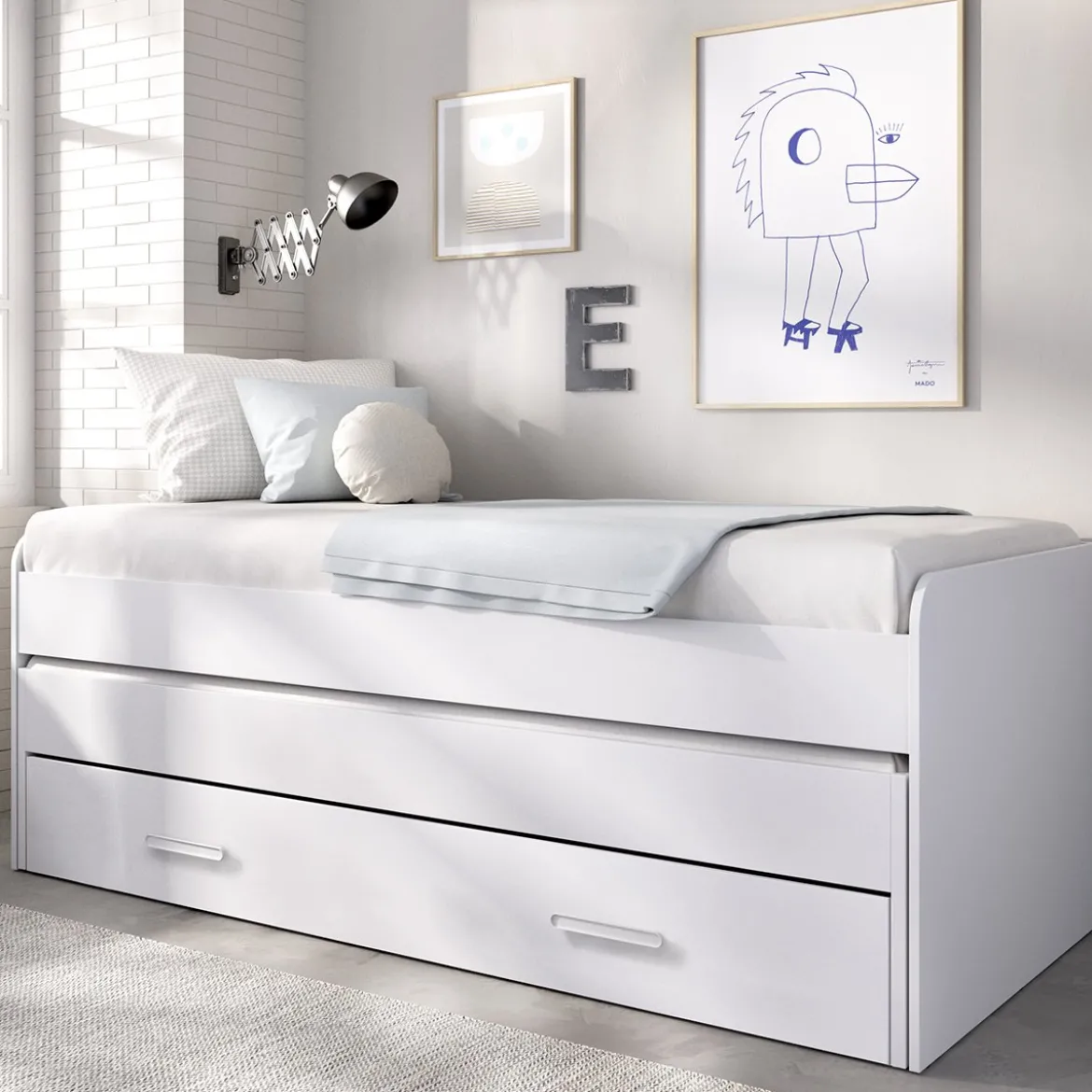 Letto per Bambini Bianco Contenitore Letto Superiore Adatto a Rete 90x200 cm Senza Piedini, Letto Inferiore Rete non Necessaria, - Glorenza