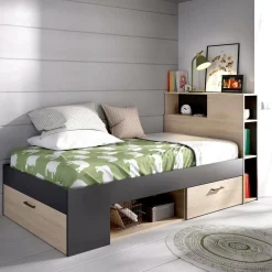 Letto per bambini scaffali e cassetti 218x99cm rovere e antracite - Adrielle