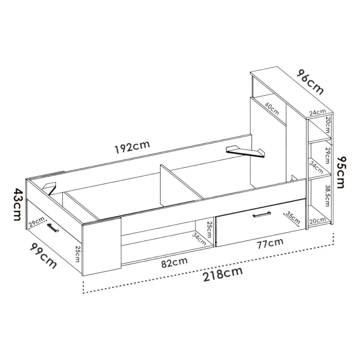 Letto per bambini scaffali e cassetti 218x99cm rovere e antracite - Adrielle