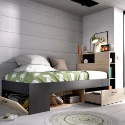 Letto per bambini scaffali e cassetti 218x99cm rovere e antracite - Adrielle