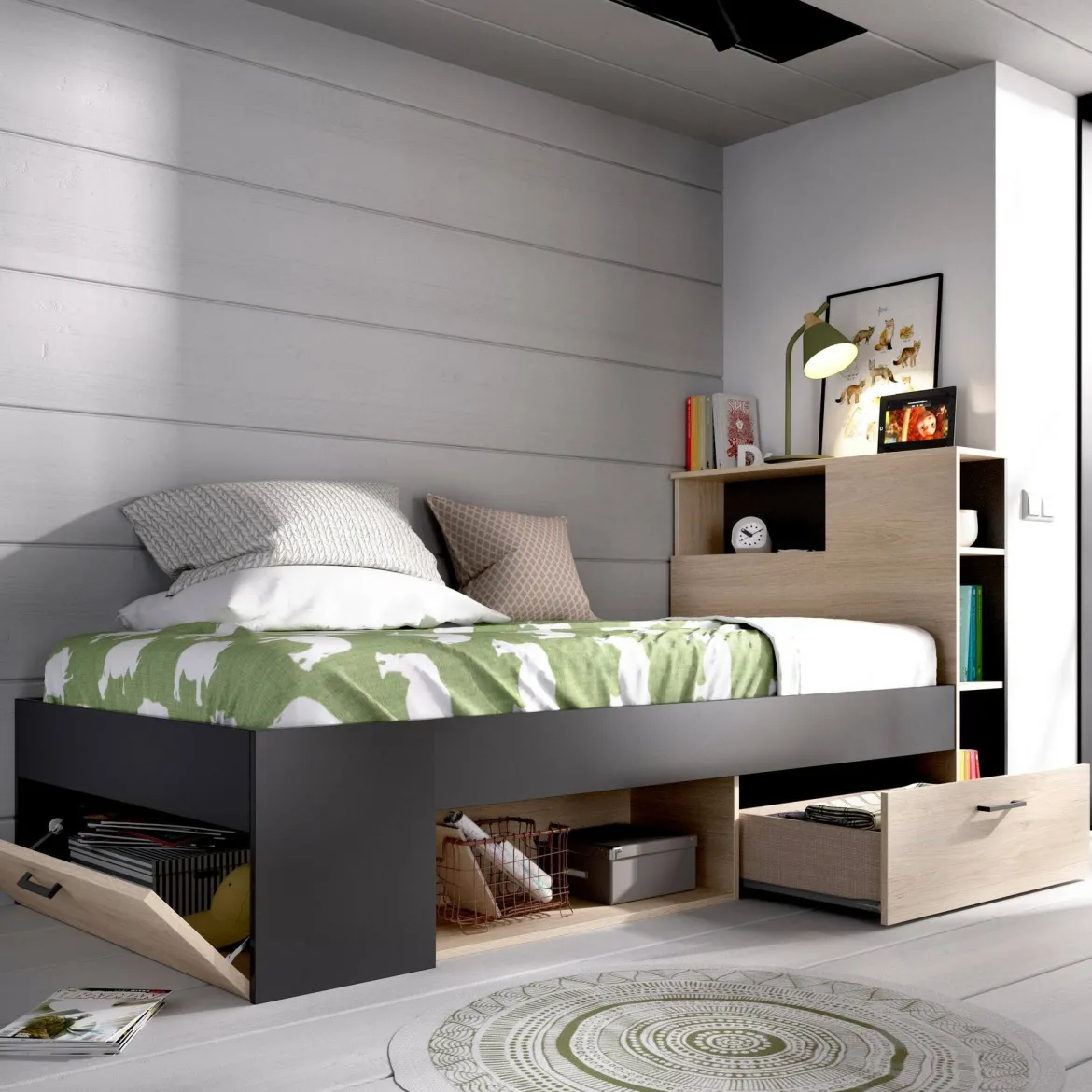 Letto per bambini scaffali e cassetti 218x99cm rovere e antracite - Adrielle