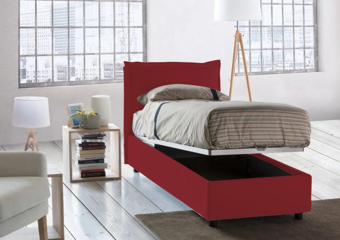 Letto 1 piazza contenitore rosso 95x215cm rivestimento in tessuto - Ancara