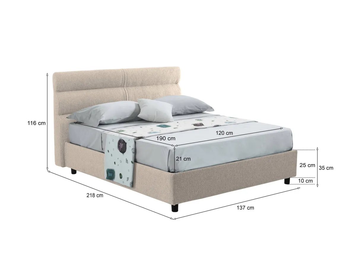 Letto Piazza e Mezza Grigio Tortora Sfoderabile Contenitore, Dimensione Materasso 120x190 cm - Ciconio