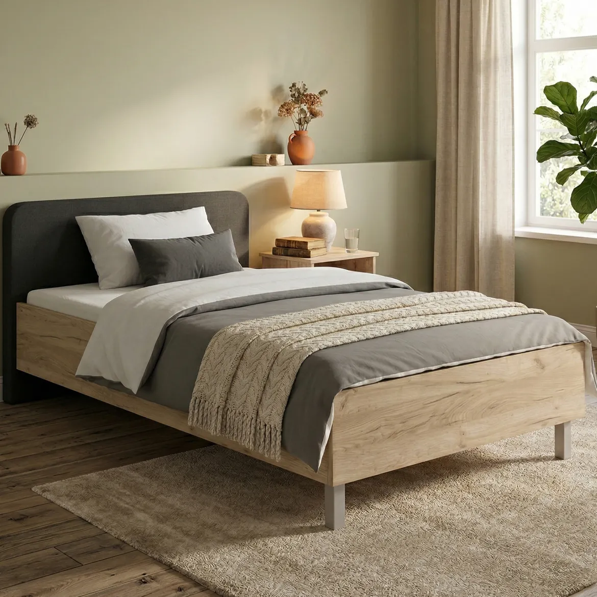 Letto Piazza e Mezza Marrone Rovere Grigio Grigio Dimensione Materasso 120x200 cm, Imbottito - Norcia
