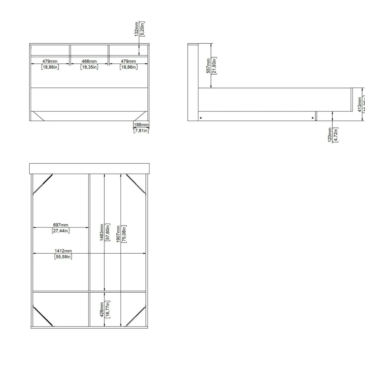 Letto piazza e mezza Zinasco, 206x150 h97 cm, Rovere e Bianco