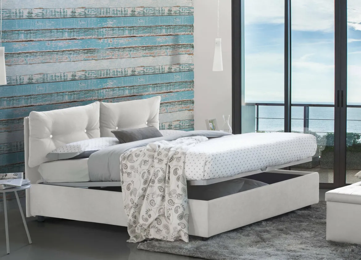 Letto 2 piazze contenitore bianco 175x215cm testiera morbida - Artrax