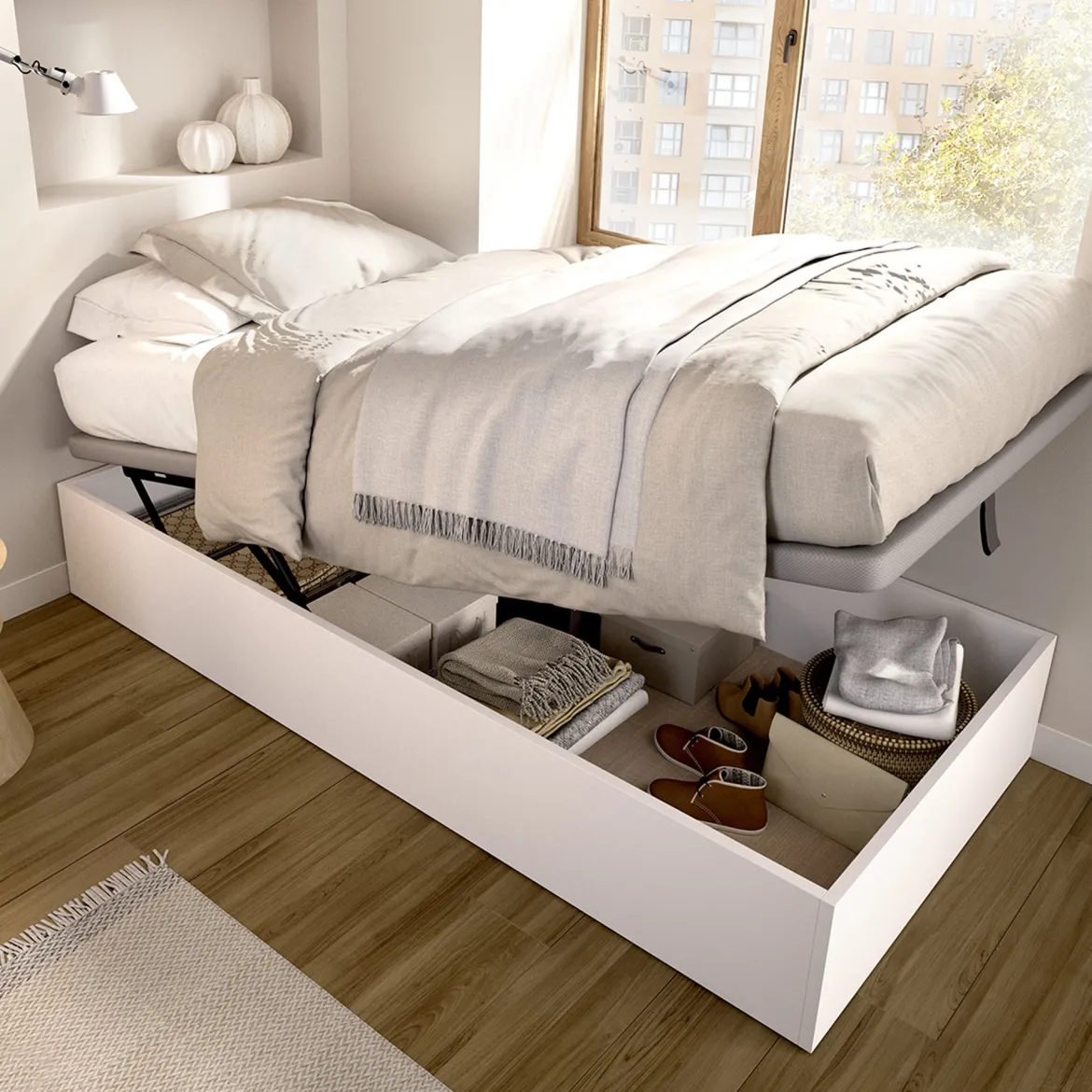 Letto Singolo Bianco Contenitore Dimensione Materasso 90x190 cm, - Lufkin