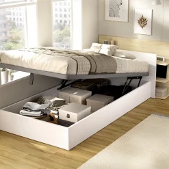Letto Singolo Bianco Marrone Rovere Contenitore Dimensione Materasso 90x190 cm, Testiera con Libreria Inclusa