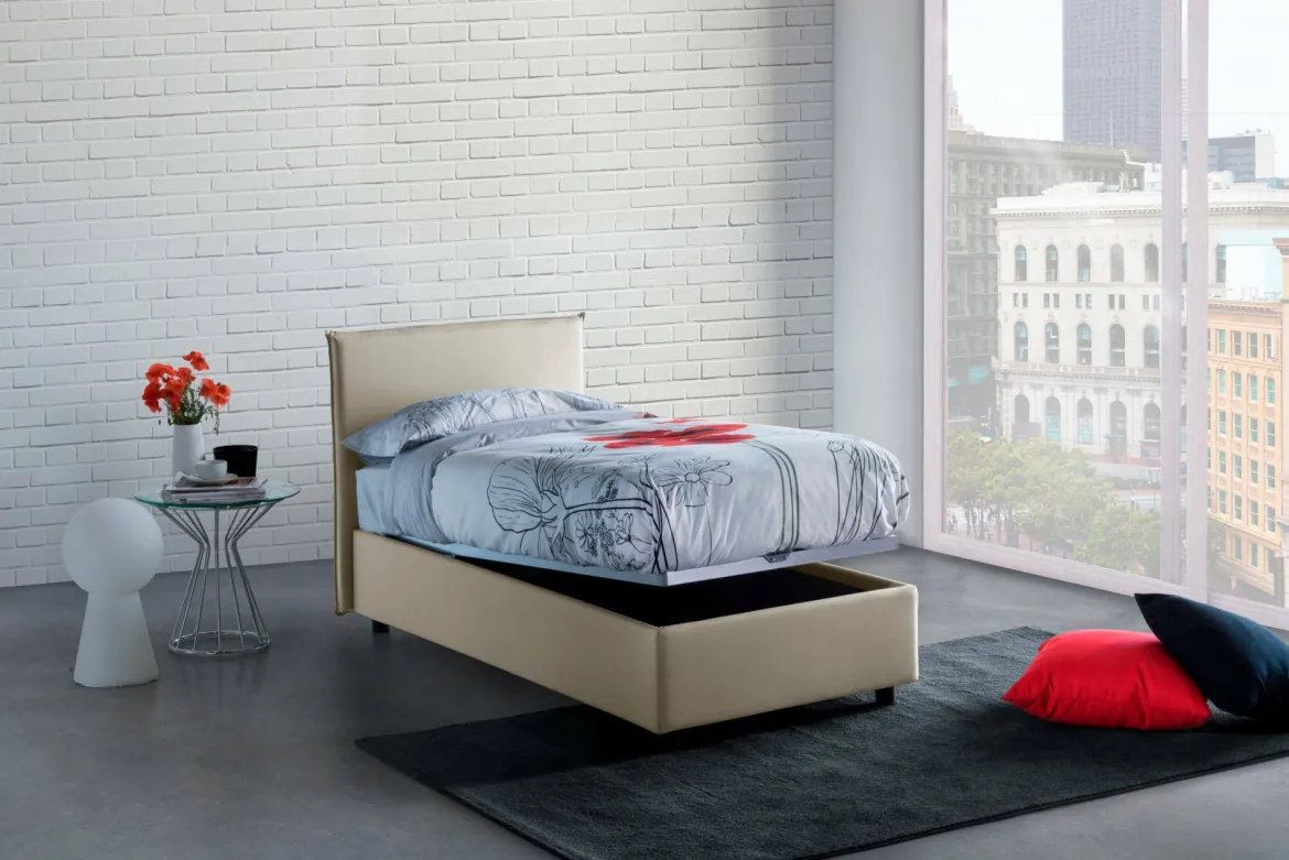 Letto singolo contenitore beige 95x205cm rete inclusa - Acuila