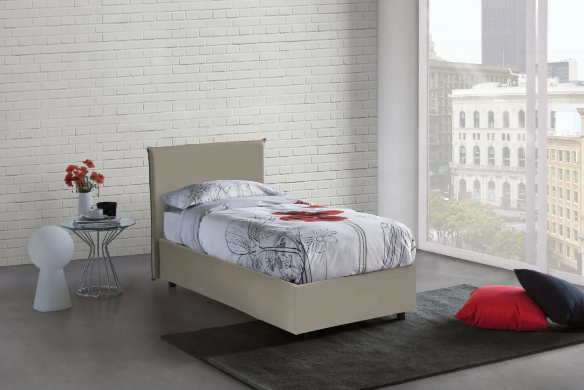 Letto singolo contenitore tortora 95x205cm rivestito in ecopelle - Adrama