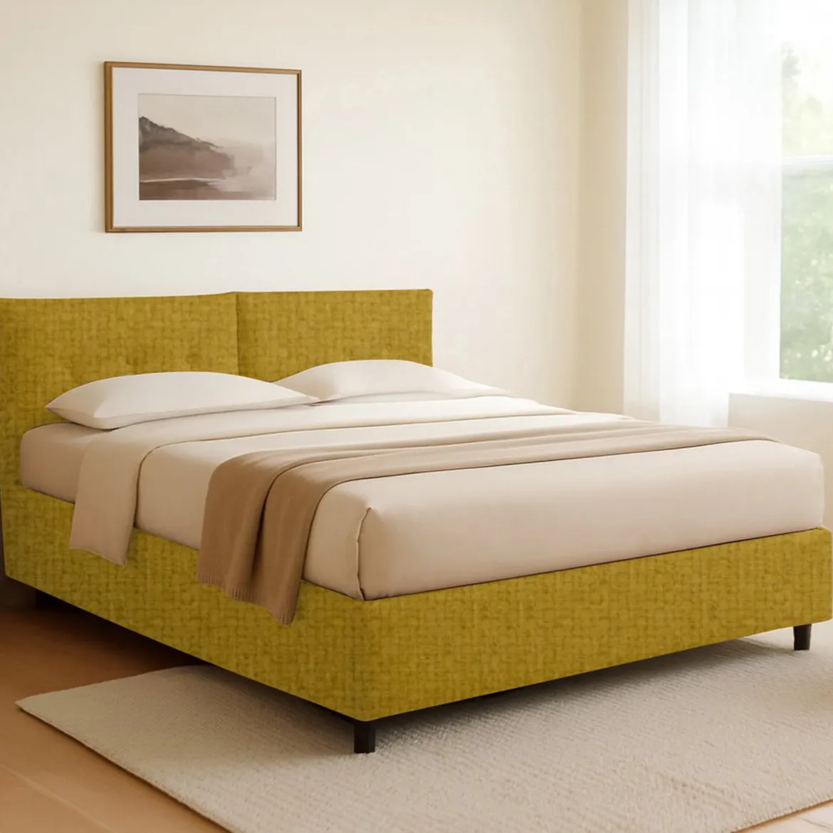 Letto Singolo Giallo Ocra Sfoderabile Contenitore, Dimensione Materasso 90x190 cm - Supino