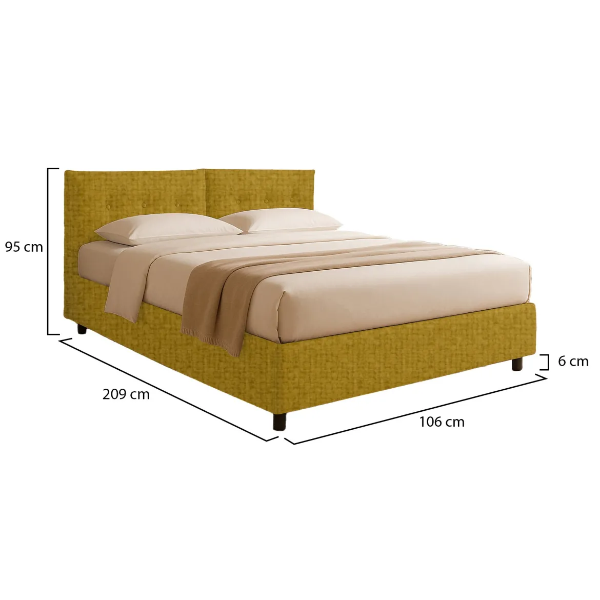 Letto Singolo Giallo Ocra Sfoderabile Contenitore, Dimensione Materasso 90x200 cm - Oncino