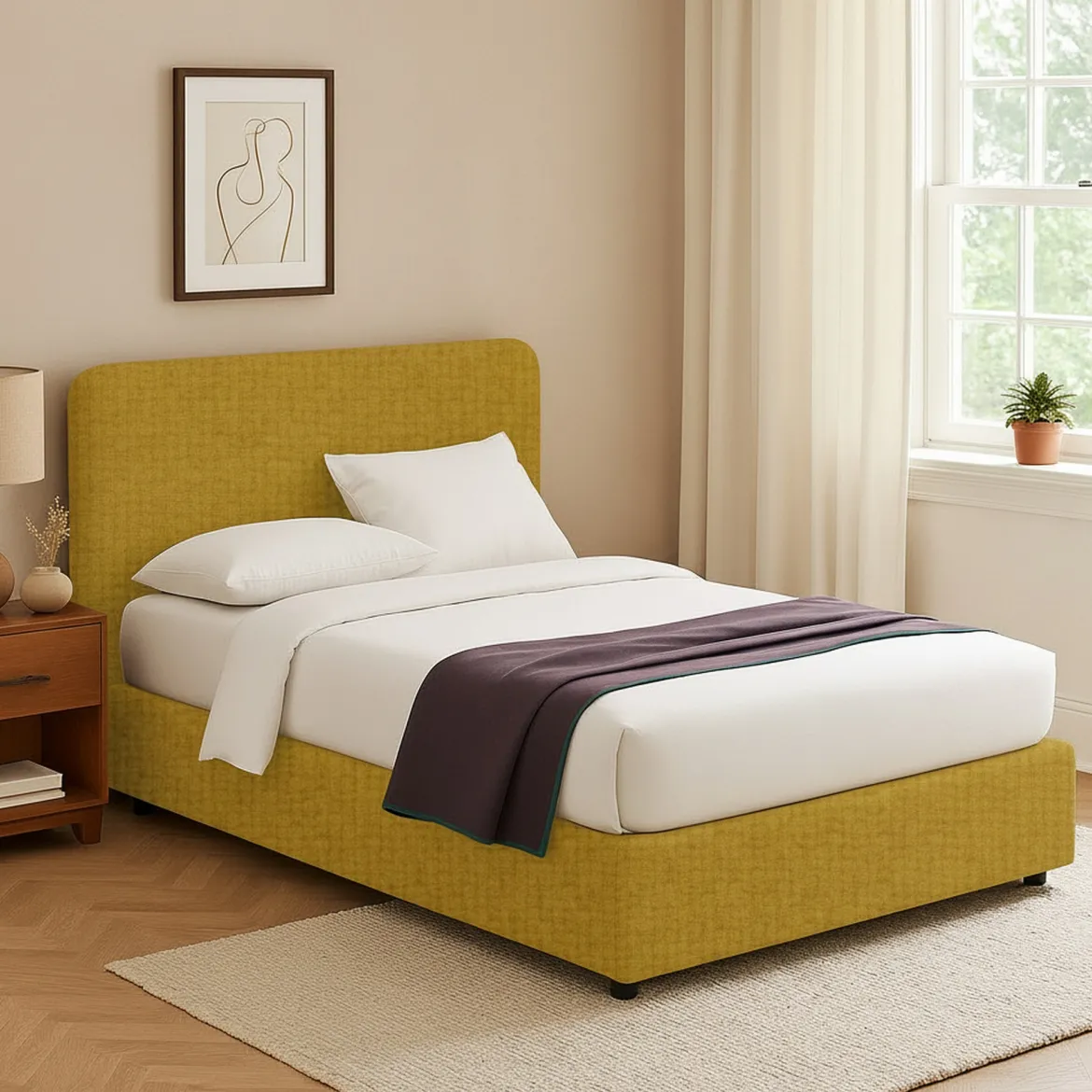 Letto Singolo Giallo Ocra Sfoderabile Contenitore, Dimensione Materasso 90x200 cm - Serrone