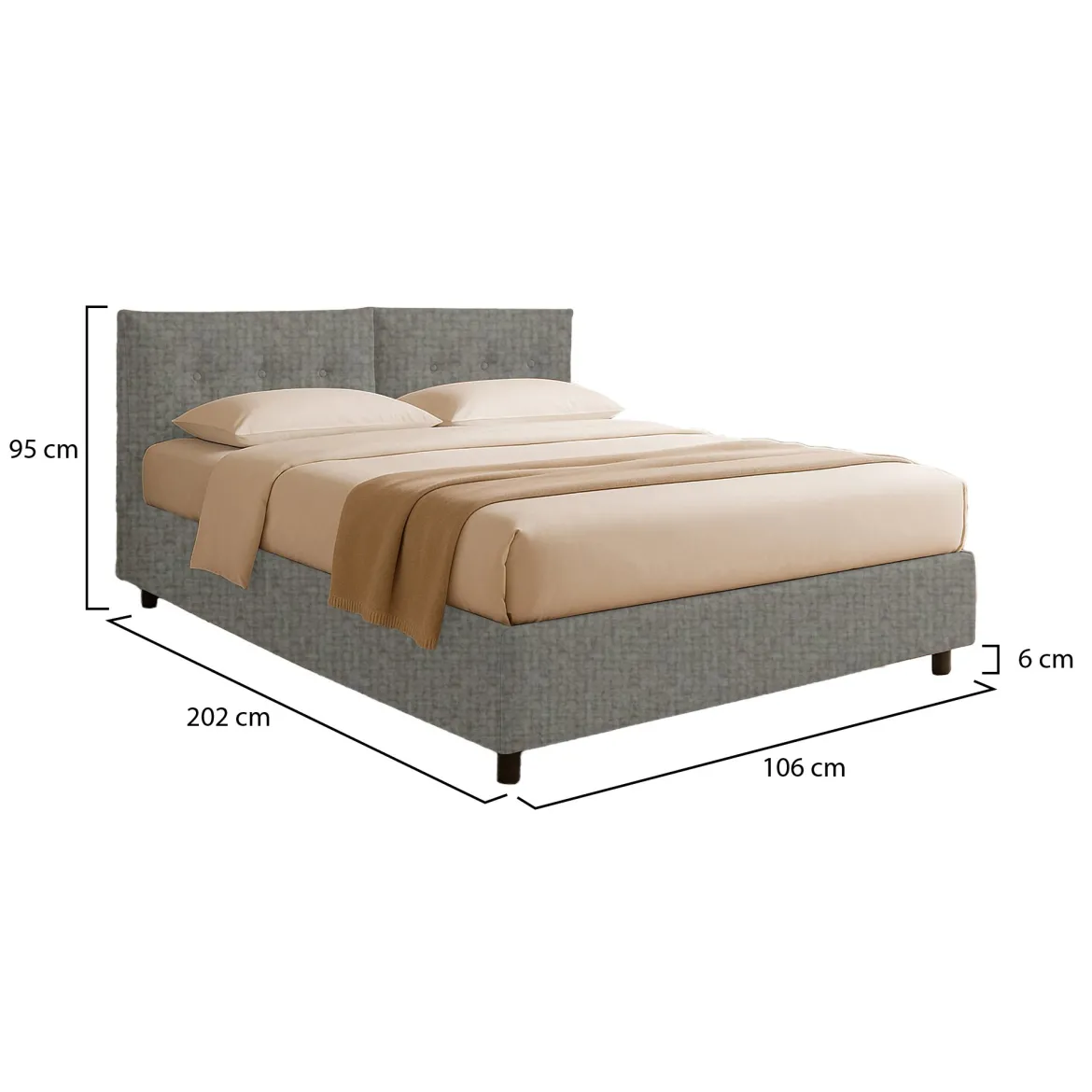 Letto Singolo Grigio Cenere Sfoderabile Contenitore, Dimensione Materasso 90x190 cm - Supino