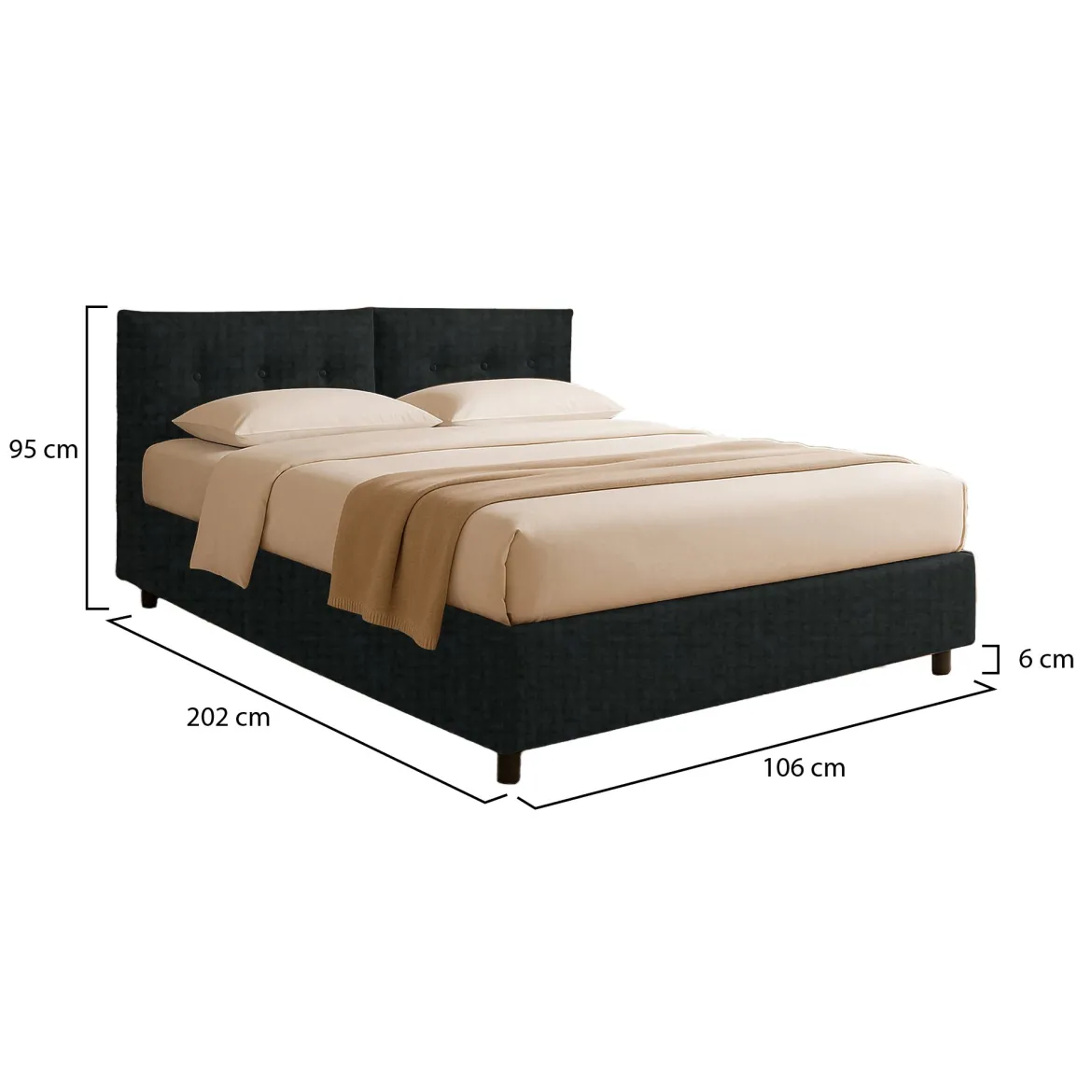 Letto Singolo Grigio Scuro Sfoderabile Contenitore, Dimensione Materasso 90x190 cm - Supino