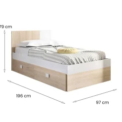 Letto singolo moderno bianco e rovere 98x200cm adatto per materasso 90x190 cm - Auguste