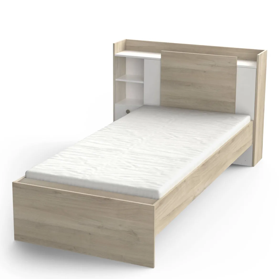 Letto singolo moderno rovere e bianco opaco 124x226cm adatto per materasso 90x200 cm - Wali