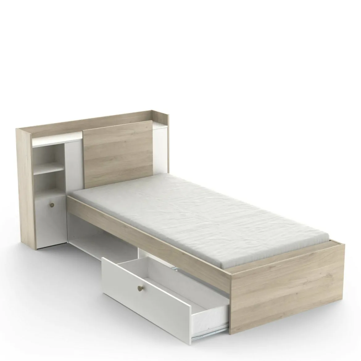Letto singolo moderno rovere e bianco opaco 124x226cm adatto per materasso 90x200 cm - Wali