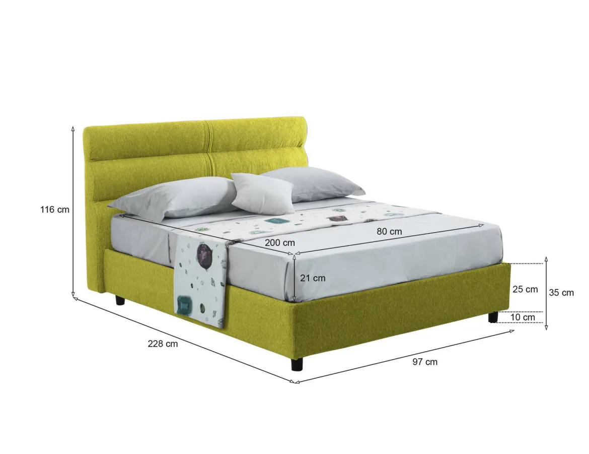 Letto Singolo Verde Materasso Incluso Sfoderabile, Contenitore Made in Italy - Adalpina