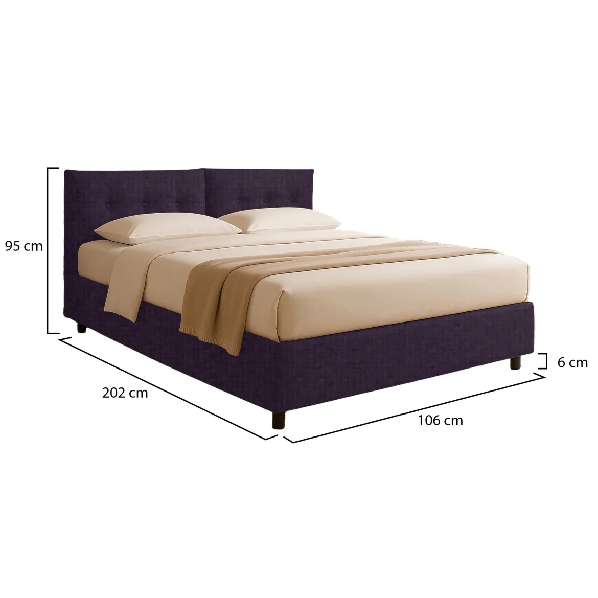Letto Singolo Viola Sfoderabile Contenitore, Dimensione Materasso 90x190 cm - Supino