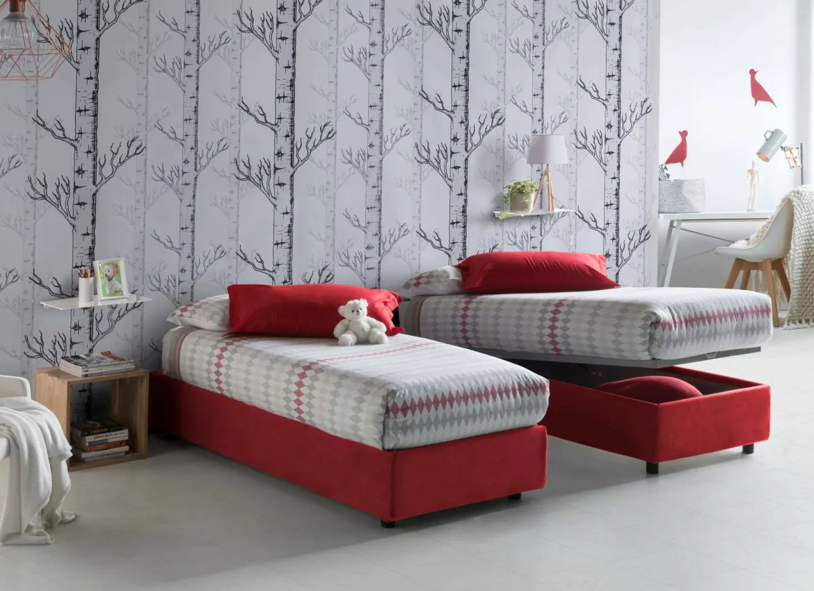 Letto una piazza contenitore rosso 105x215cm rivestimento in tessuto - Alder