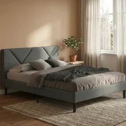 Letto una Piazza e Mezza 120x190 cm Imbottito Moderno Grigio con Rete a Doghe e Vano Testiera Salvaspazio 129x204x100h – Hemera