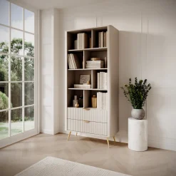 Libreria Beige oro 2 Cassetti 4 Ripiani 88x38x194h cm, con Piedini - Kabavasi