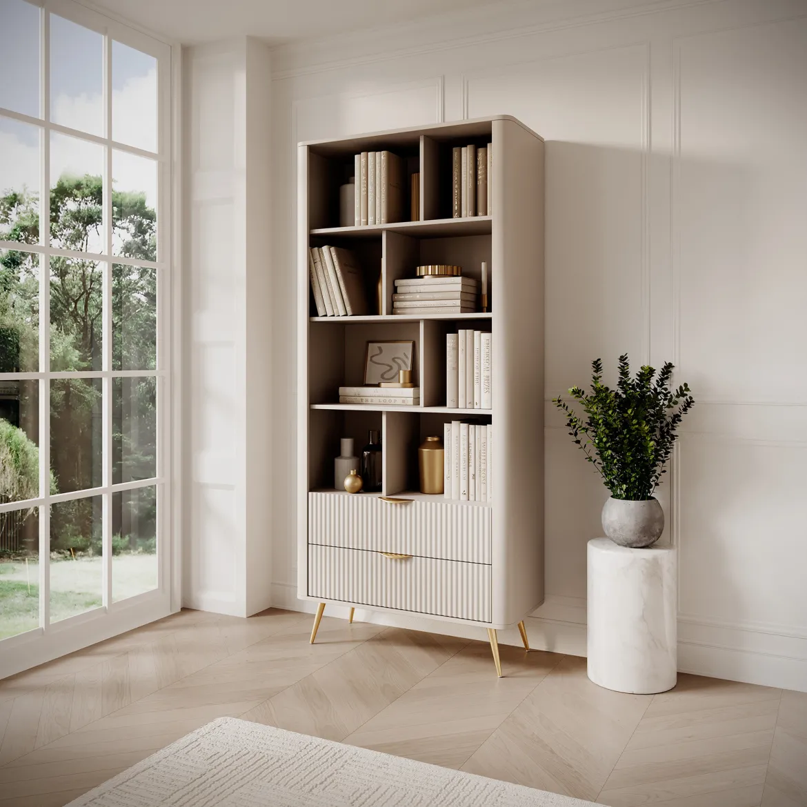 Libreria Beige oro 2 Cassetti 4 Ripiani 88x38x194h cm, con Piedini - Kabavasi