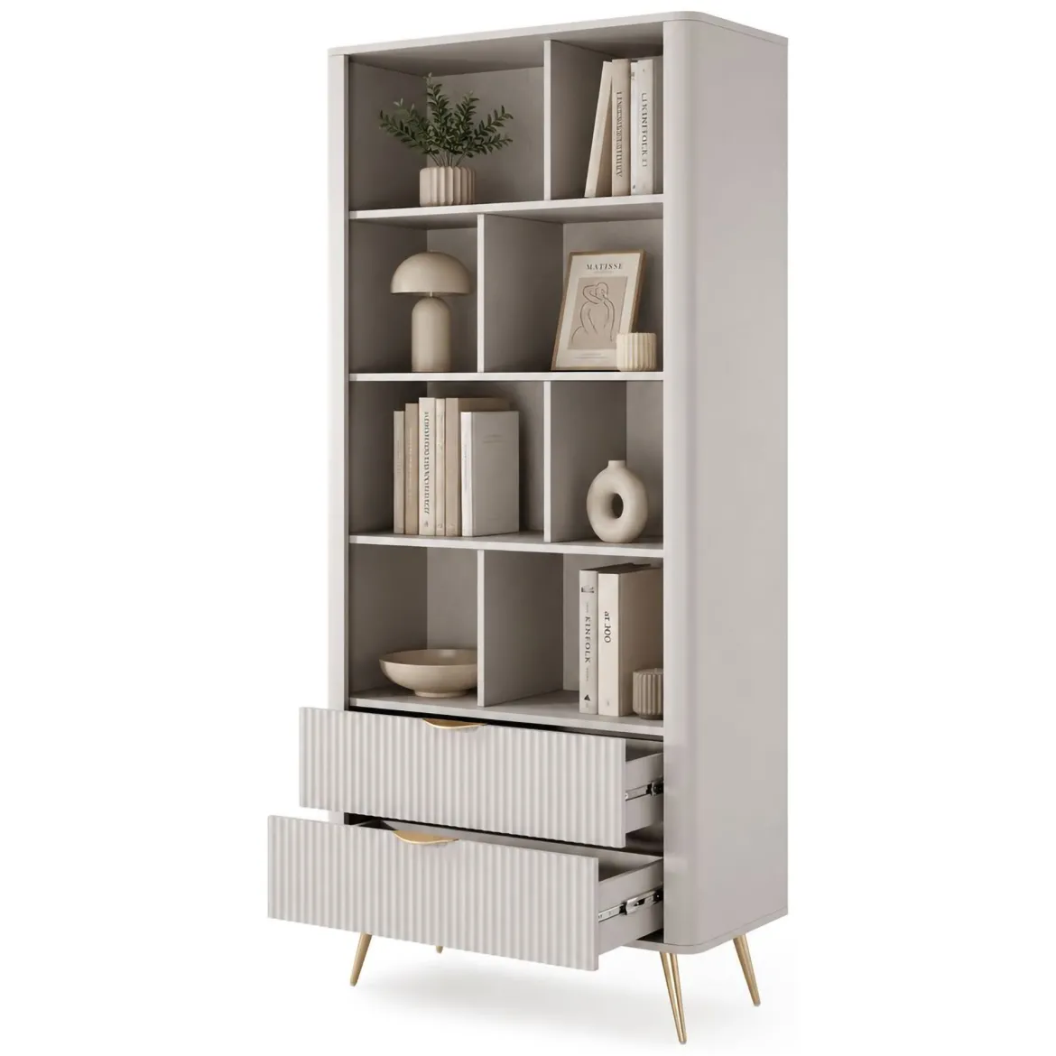 Libreria Beige oro 2 Cassetti 4 Ripiani 88x38x194h cm, con Piedini - Kabavasi