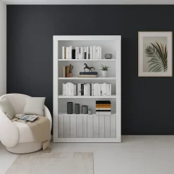 Libreria Bianco Grigio Cemento 3 Ripiani 2 Ante 105x42x191h cm, Installazione a Terra - Spinoso