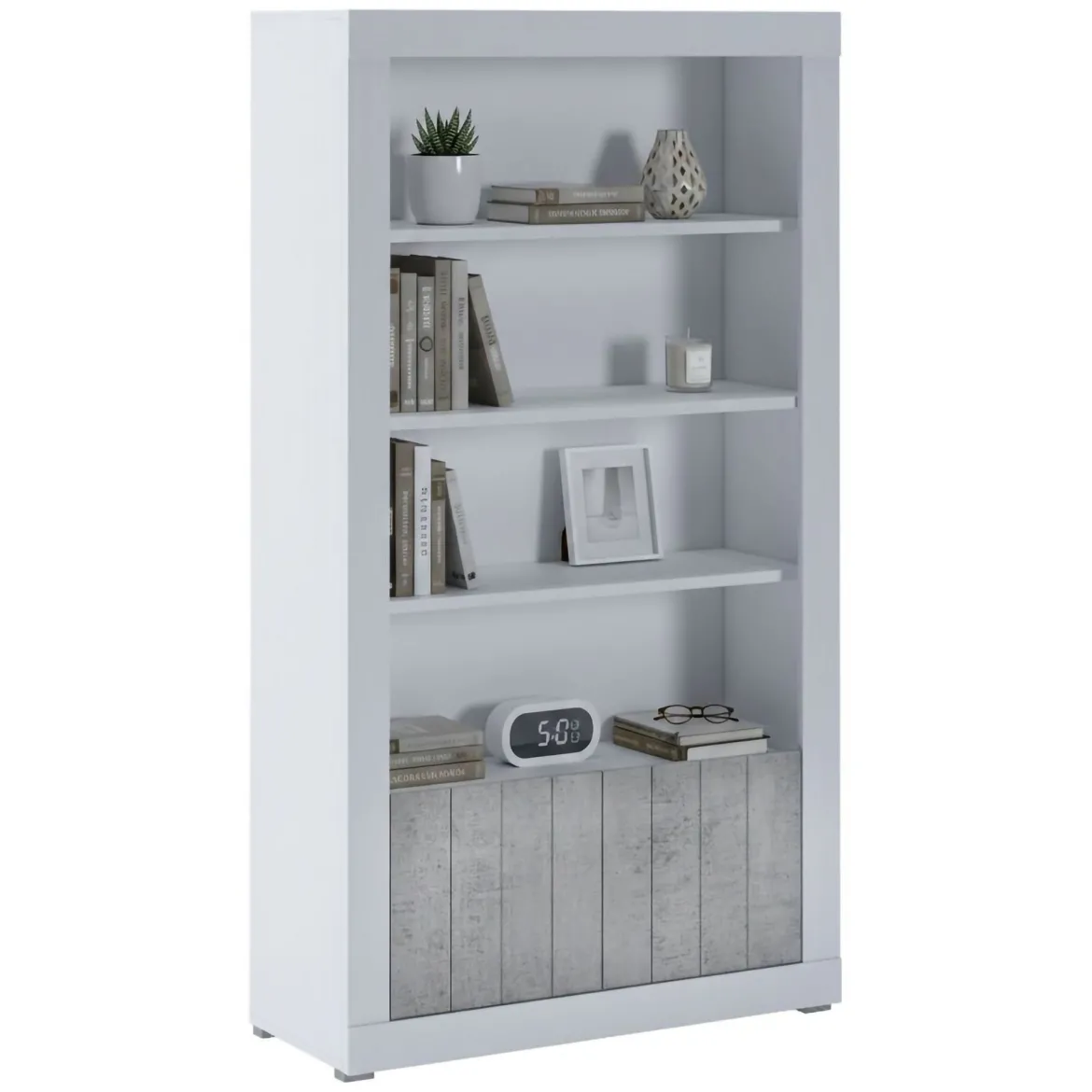 Libreria Bianco Grigio Cemento 3 Ripiani 2 Ante 105x42x191h cm, Installazione a Terra - Spinoso