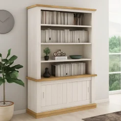 Libreria Bianco Marrone 3 Ripiani 2 Ante 122x40x203h cm, Installazione a Terra - Evandro