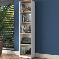Libreria Bianco Marrone Rovere 4 Ripiani Installazione Libera 40x25x162h cm, Sfumatura Colore Struttura Rovere - Clitunno