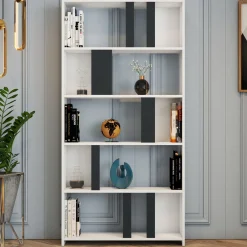 Libreria Bianco Nero Antracite 8 Ripiani Installazione Fissaggio al Muro 90x25x172h cm, Sfumatura Colore Struttura Antracite - Cergnago