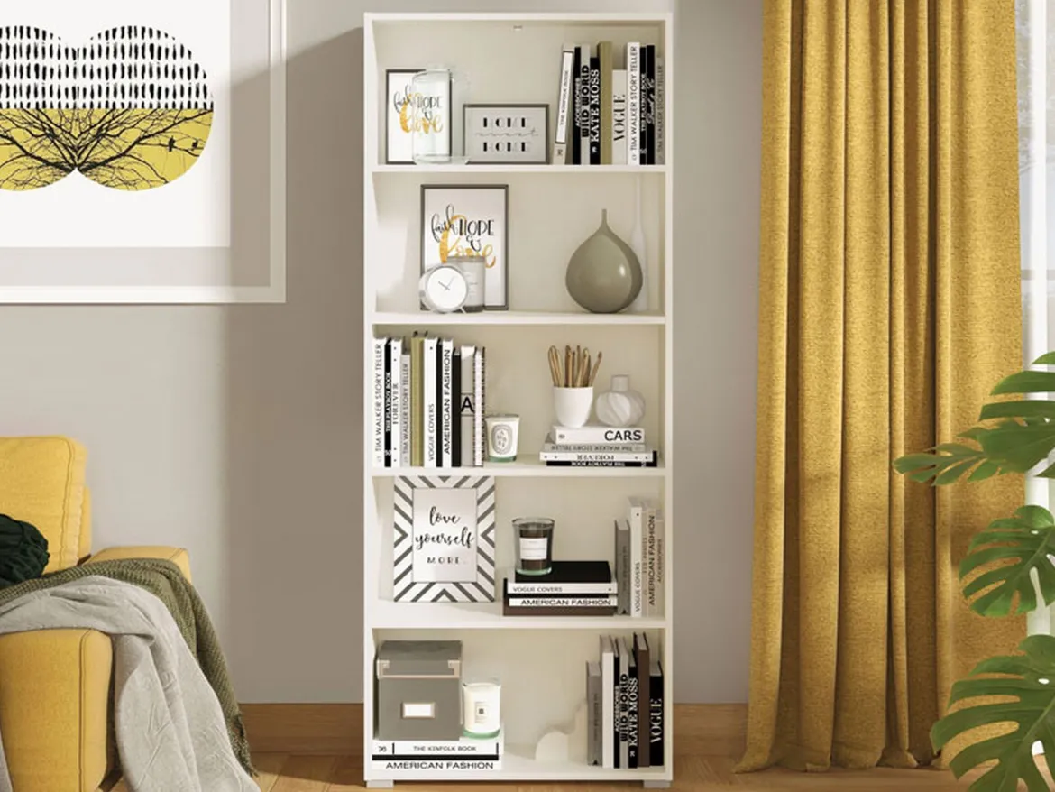 Libreria Bianco Opaco 5 Ripiani Installazione a Terra 70x24.5x211.5h cm, Sfumatura Colore Struttura Opaco - Pramollo