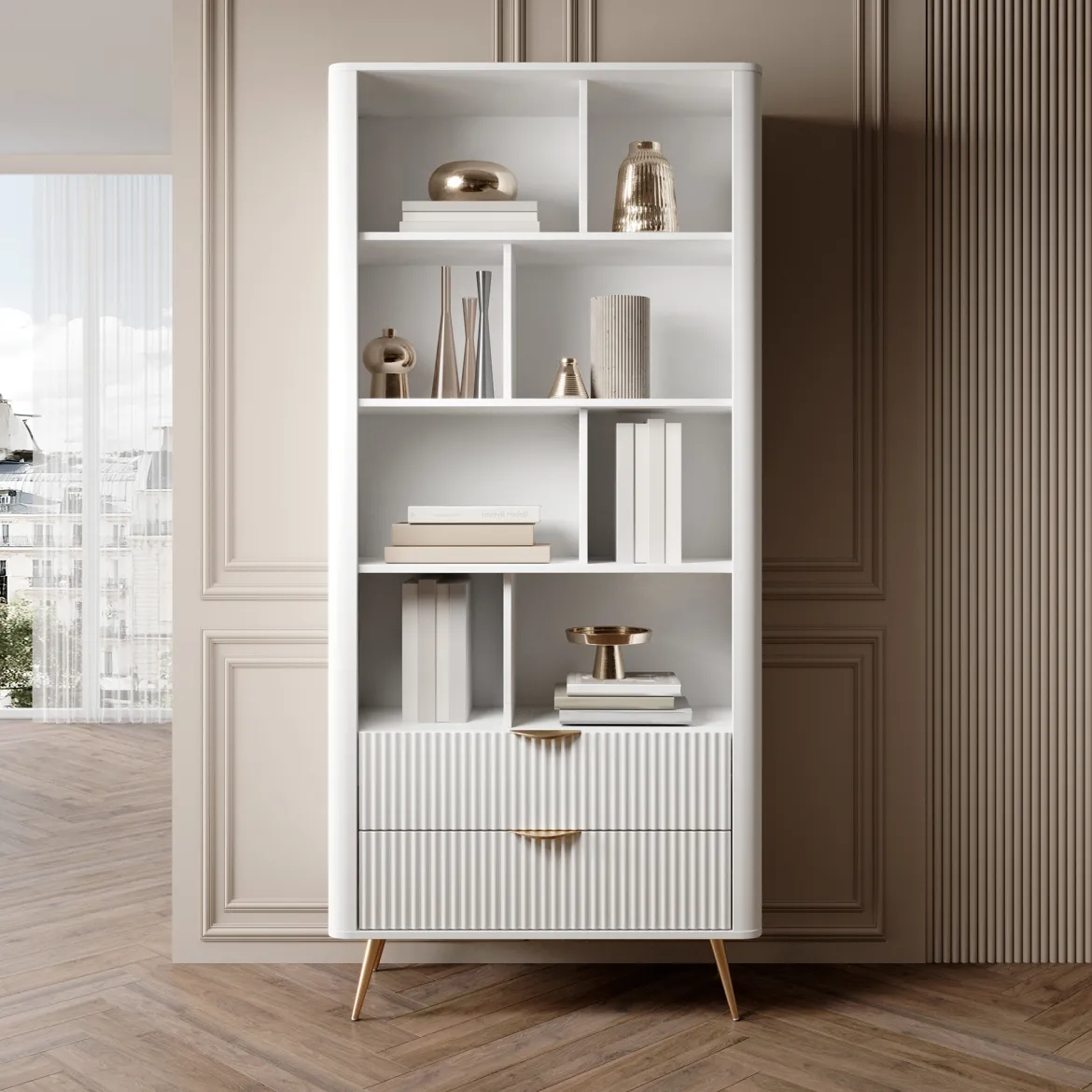 Libreria Bianco oro 2 Cassetti 4 Ripiani 88x38x194h cm, con Piedini - Kabavasi