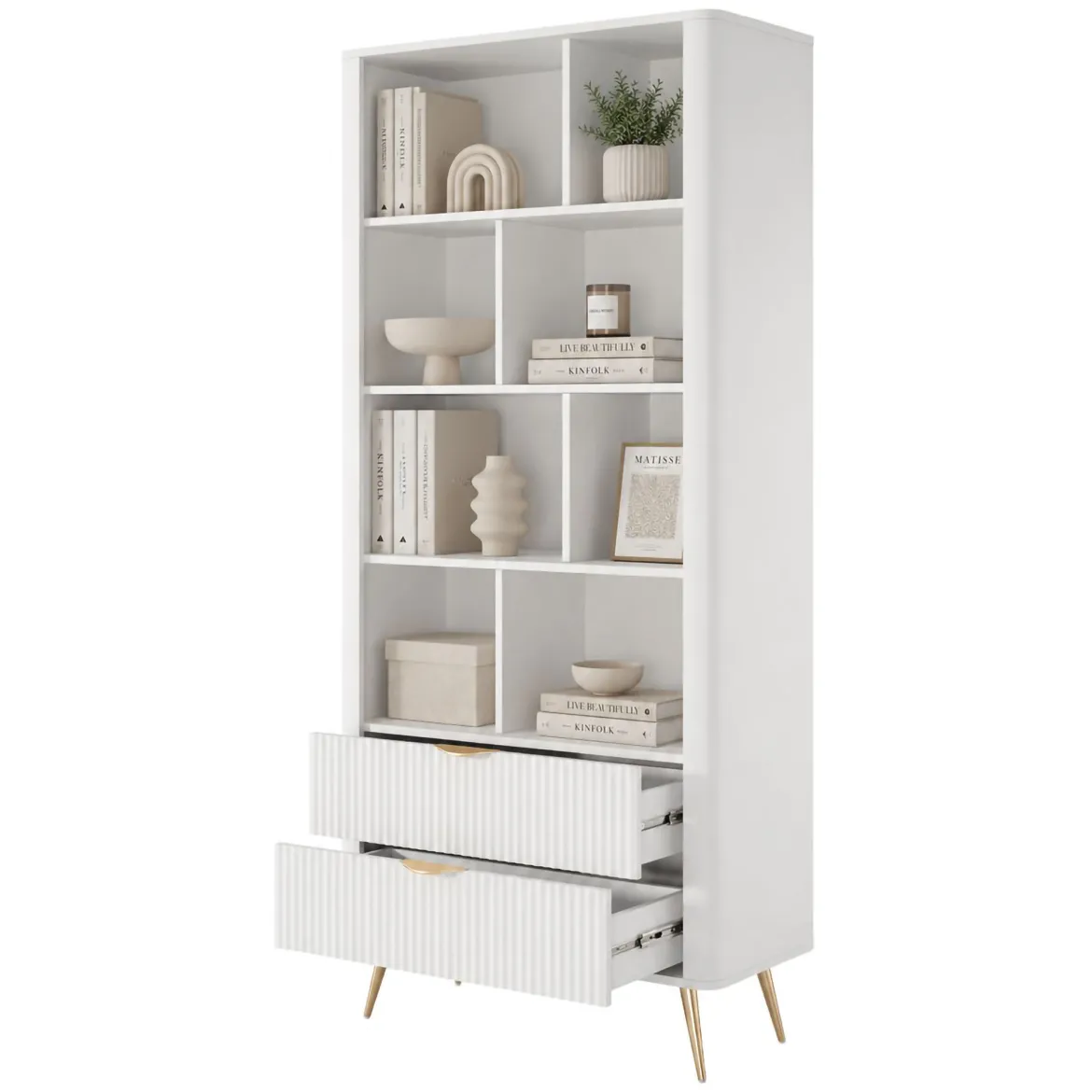 Libreria Bianco oro 2 Cassetti 4 Ripiani 88x38x194h cm, con Piedini - Kabavasi
